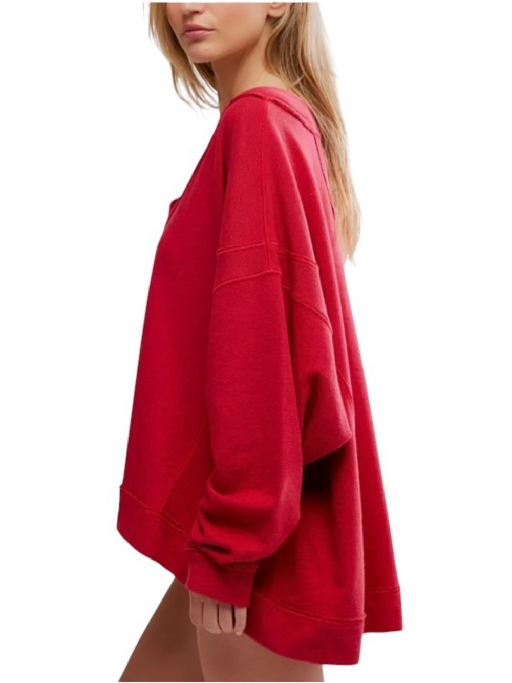Free People Staycation V-Neck Pullover Lounge Top Sweatshirt L Cherry Red 🍒 - Picture 3 of 11